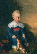 David Luders Portrait of a young boy with toy gun and dog oil on canvas